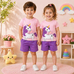 Kids Magical Unicorn Print T-Shirt & Shorts Co-Ord Set – Pink & Purple
