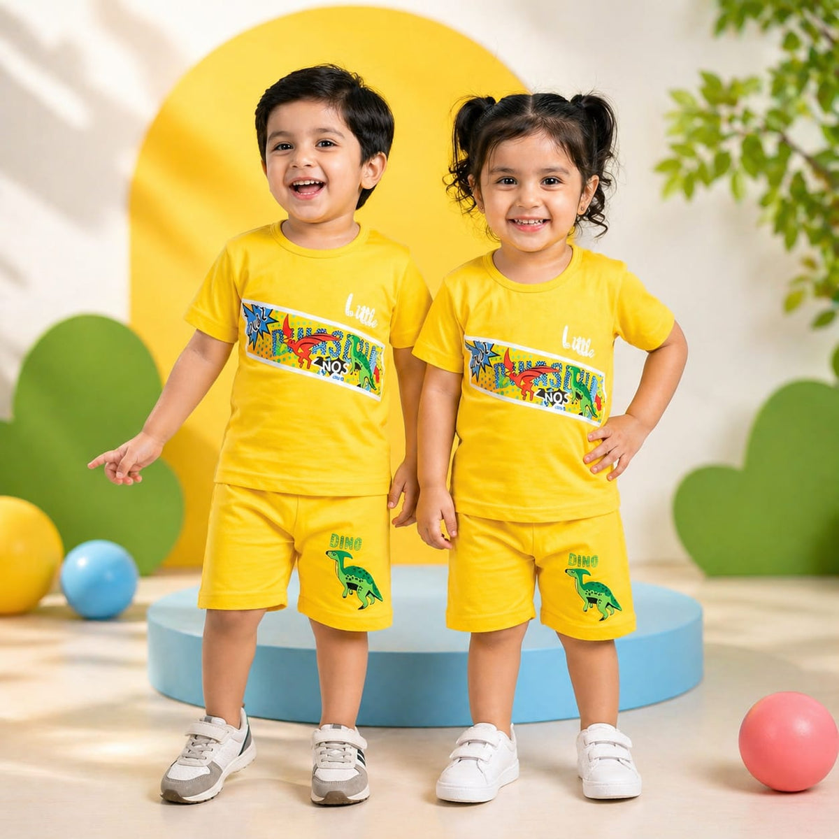 Kids Little Dino Graphic T-Shirt & Shorts Co-Ord Set – Sunshine Yellow