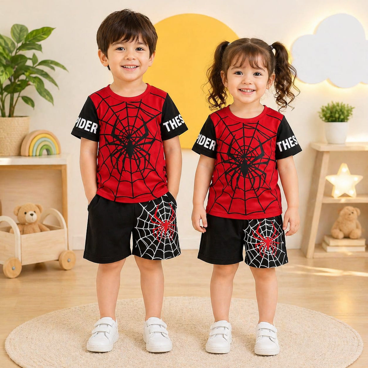 Kids Super Hero Spider Web Print T-Shirt & Shorts Co-Ord Set – Red & Black