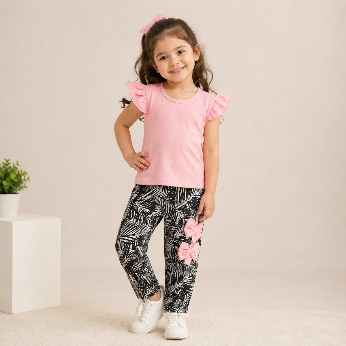Pink Flutter Sleeve Top & Printed Trouser Set for Girls