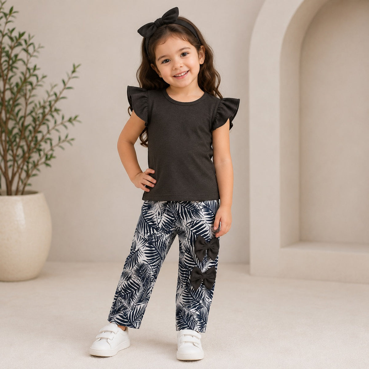 Black Flutter Sleeve Top & Tropical Print Trouser Set for Girls