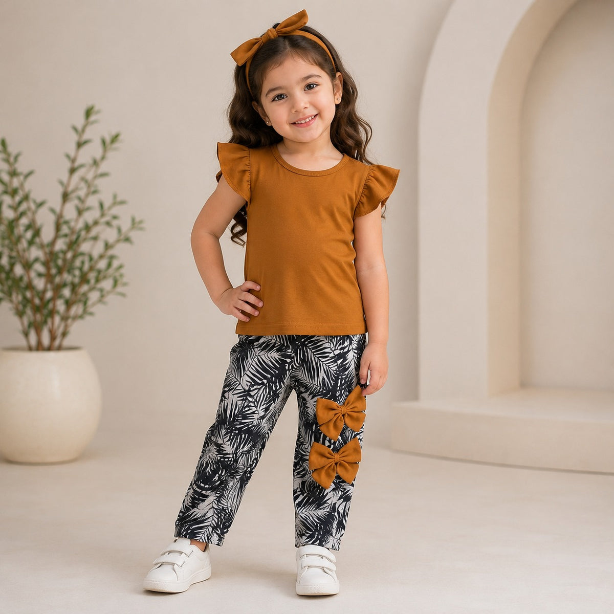 Girls Flutter Sleeve Top & Printed Bow Leggings 2-Piece Set