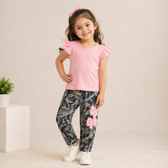 Pink Flutter Sleeve Top & Printed Trouser Set for Girls