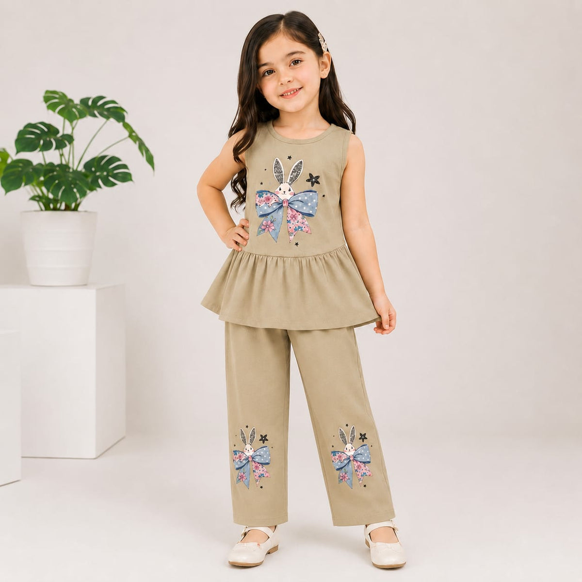 Ligth Brown Bunny Bloom Kids Pajama Set