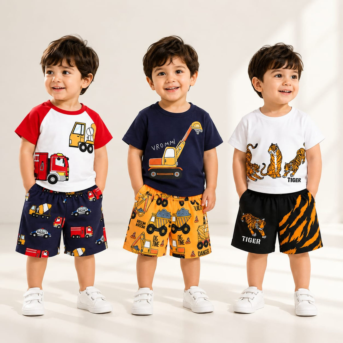 Tiger Print , Excavator Print , Fire Truck print  T-Shirt with Printed Shorts Set