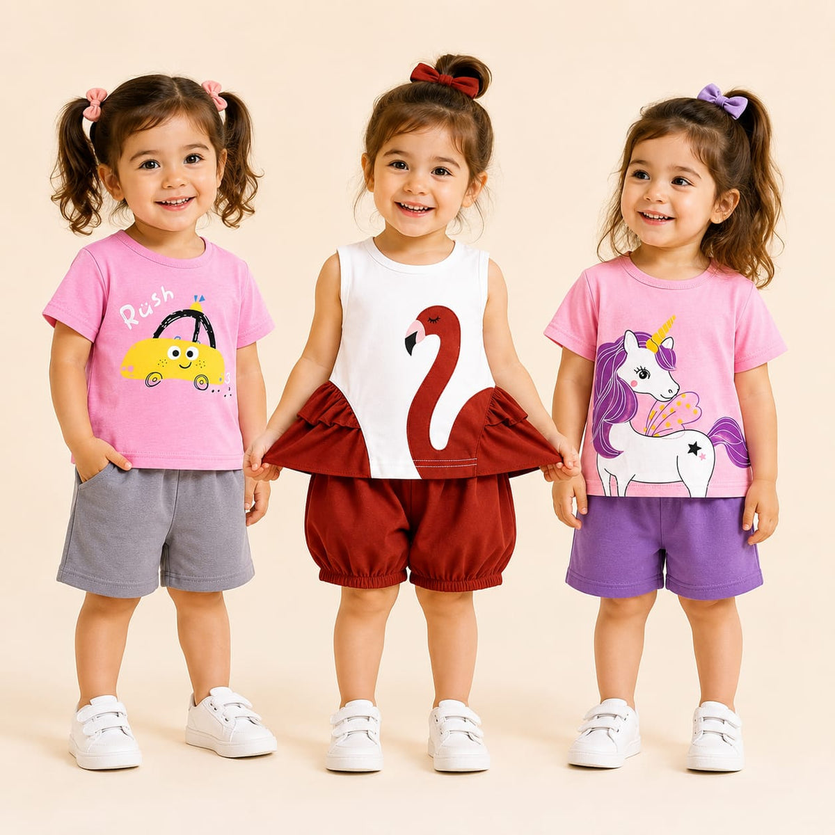 Cute Car , Flamingo Ruffle , Unicorn Print T-Shirt & Shorts Set