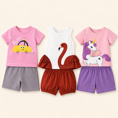 Cute Car , Flamingo Ruffle , Unicorn Print T-Shirt & Shorts Set