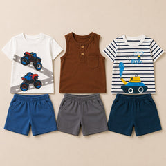 Monster Truck , Sleeveless Tank Top , Construction Vehicle Printed T-Shirt & Shorts Set  ( Pack of three )