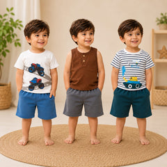 Monster Truck , Sleeveless Tank Top , Construction Vehicle Printed T-Shirt & Shorts Set  ( Pack of three )