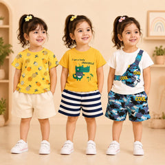 Pineapple Print , Crocodile Graphic , Cool Camo Pocket Print T-Shirt & Shorts Set ( Pack of three )