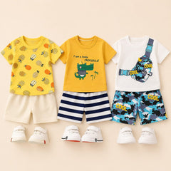 Pineapple Print , Crocodile Graphic , Cool Camo Pocket Print T-Shirt & Shorts Set ( Pack of three )
