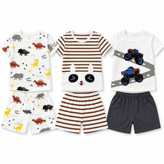Pack of 3  Summer Cotton T-Shirt & Shorts Set (2–3 Years) | Dinosaur, Bear & Monster Truck Prints  ( Pack of Three )