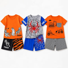 Tiger Print , Spider Hero , Construction Vehicle 2-Piece T-Shirt & Shorts Set  ( Pack of three )