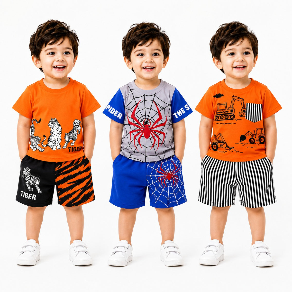 Tiger Print , Spider Hero , Construction Vehicle 2-Piece T-Shirt & Shorts Set  ( Pack of three )
