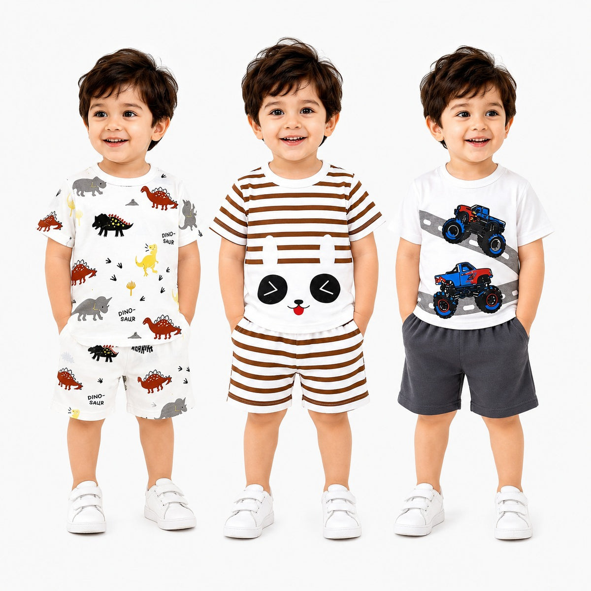 Pack of 3  Summer Cotton T-Shirt & Shorts Set (2–3 Years) | Dinosaur, Bear & Monster Truck Prints  ( Pack of Three )