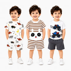 Pack of 3  Summer Cotton T-Shirt & Shorts Set (2–3 Years) | Dinosaur, Bear & Monster Truck Prints  ( Pack of Three )