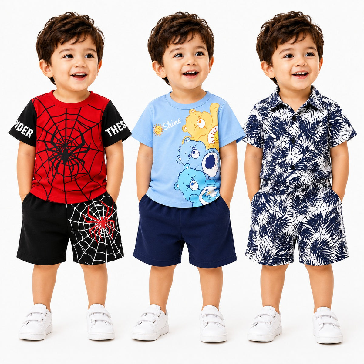 Spider Web, Care Bears & Tropical Leaf Print  Summer Co-Ord Set ( Pack of 3 )
