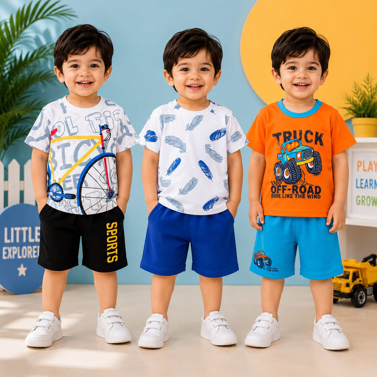 Bicycle, Feather & Truck Prints Premium Summer T-Shirt & Shorts Set | ( Pack of Three )