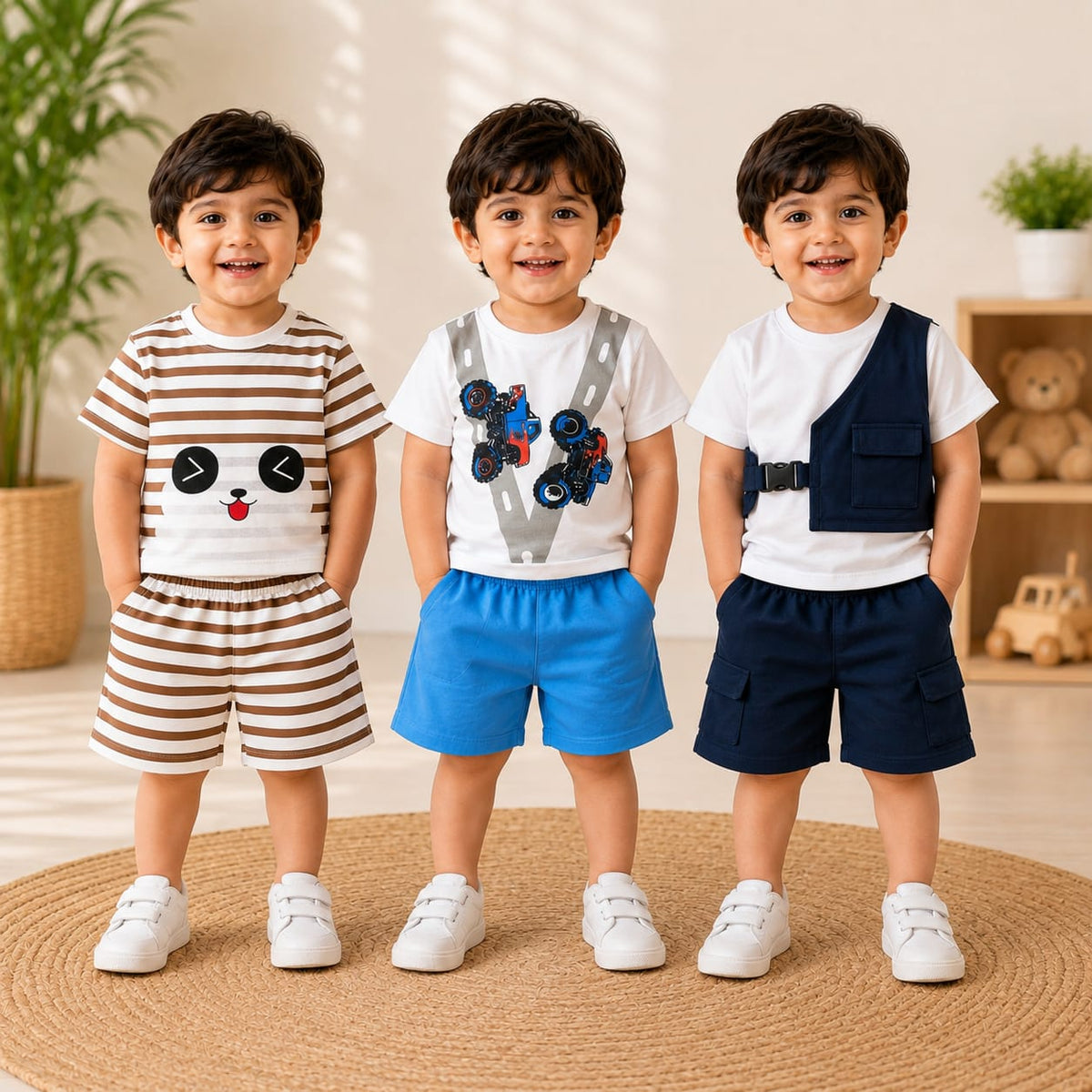Pack of 3 Kids Cotton Summer Co-Ord Set – Monster Truck, Panda & Cargo Vest
