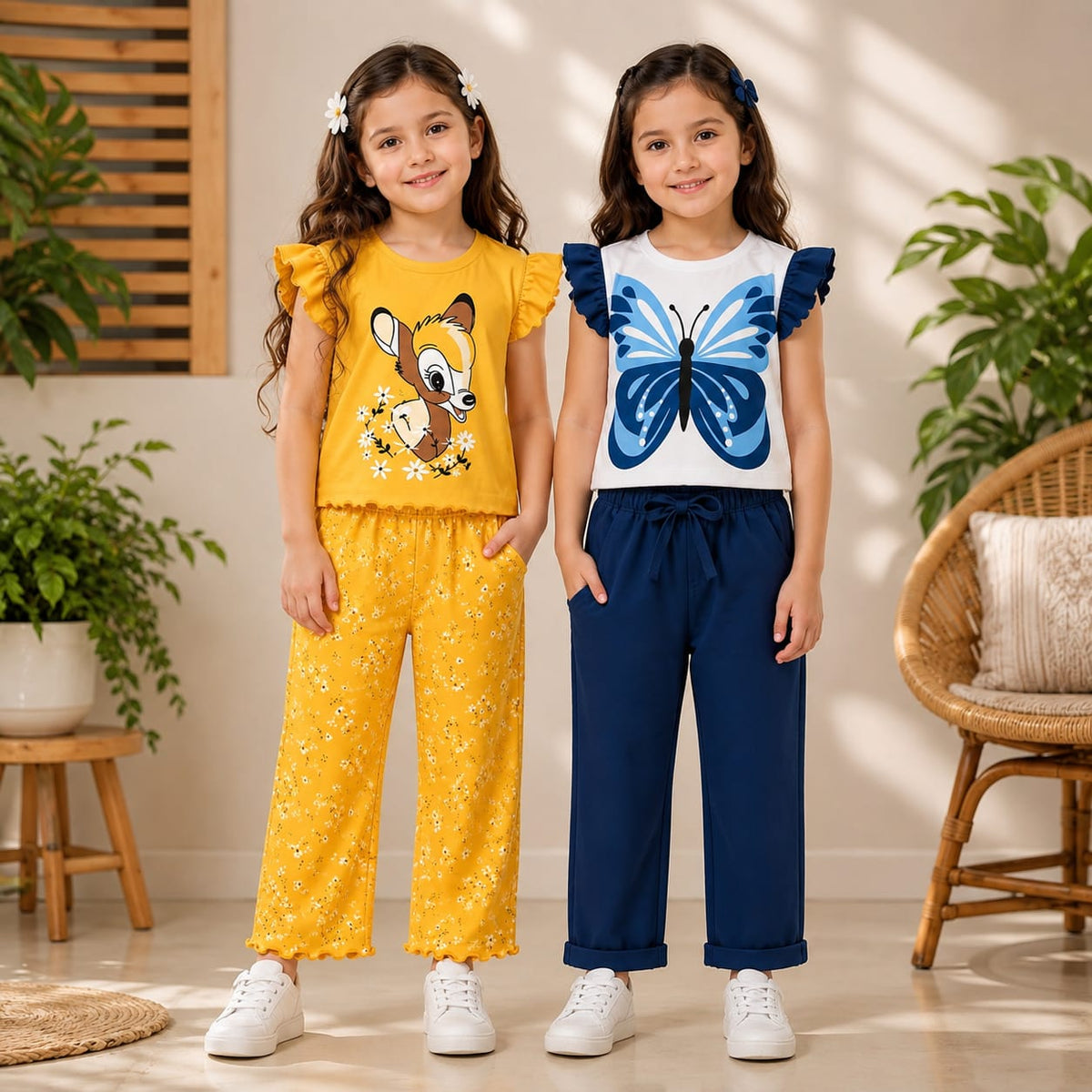Yellow Deer Print Cotton Co-Ord Set & Blue Butterfly Cotton Co-Ord Set for Girls (Pack of 2)