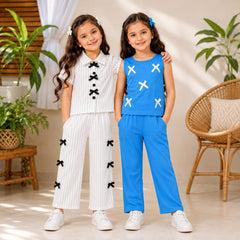 White Ribbon Stripe Co-Ord Set & Blue Ribbon Sleeveless Co-Ord Set for Girls (Pack of 2)