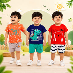 Nice to Meet, Dinosaur & Rainy Bear Premium Cotton Co-Ord Set for Toddler Boys (Pack of 3)