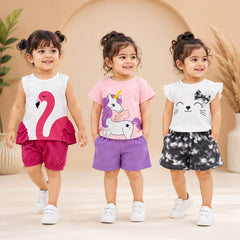 Pink Flamingo, Unicorn & Kitty Premium Cotton Co-Ord Set for Toddler Girls (Pack of 3)