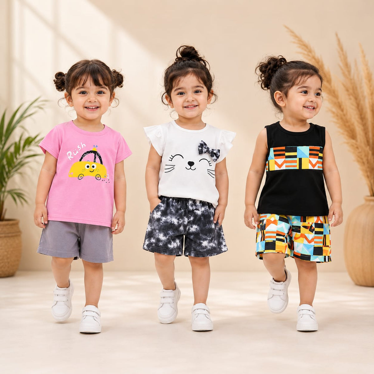 Pink Car, White Kitty & Black Geometric Print Premium Cotton Co-Ord Set for Toddler Girls (Pack of 3)