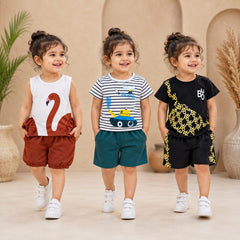 Flamingo, Excavator & Black Geo Print Premium Cotton Co-Ord Set for Toddler Girls (Pack of 3)