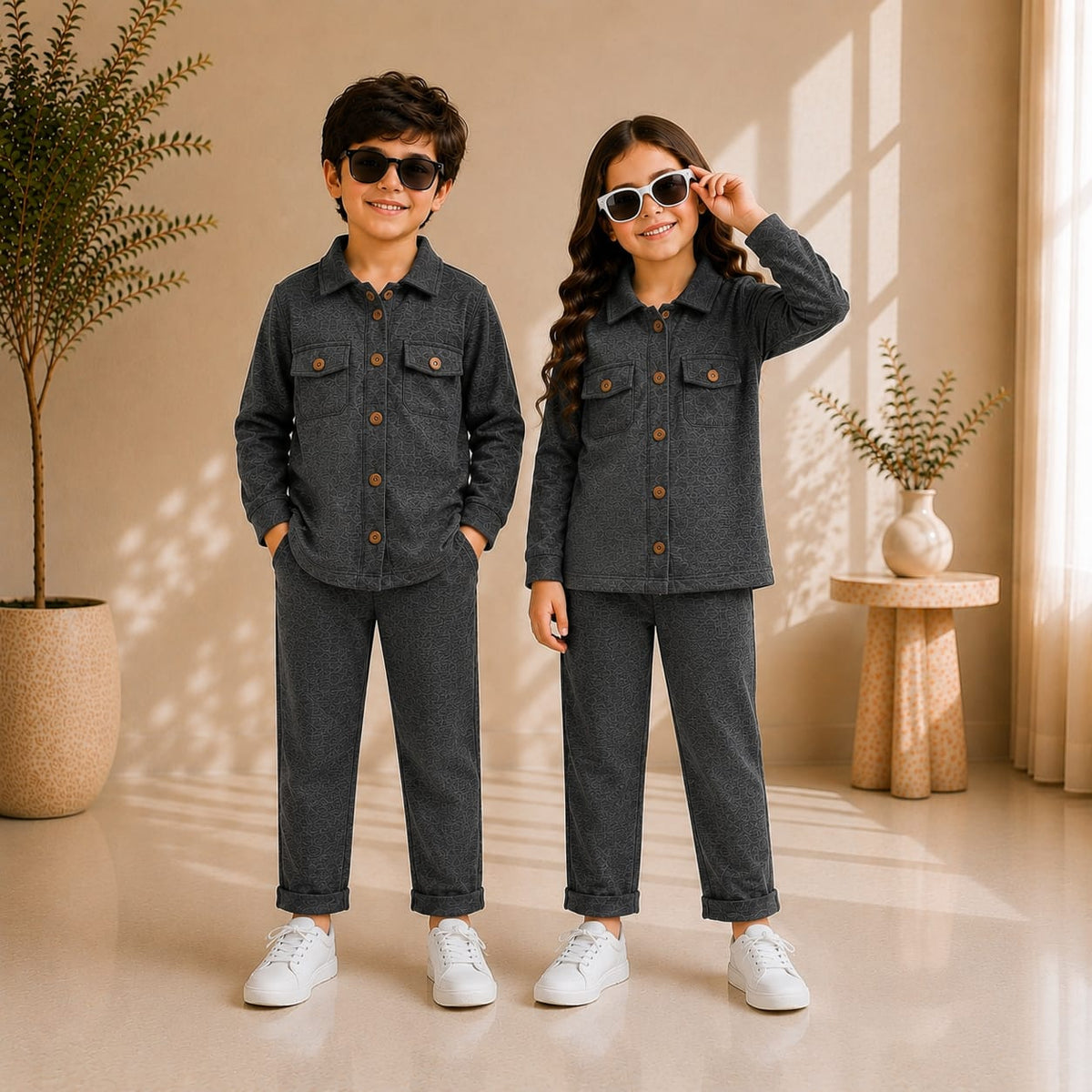CHARCOL FULL SLEEVES SHIRT DOUBLE POKET KIDS WEAR