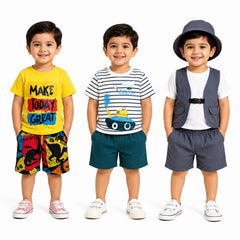 Make Today Great, Boat & Utility Vest Boys Summer T-Shirt & Shorts Set – Pack of 3