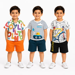 Alphabet, Stripes & Bicycle Boys Summer Printed Shirt & Shorts Co-Ord Set – Pack of 3