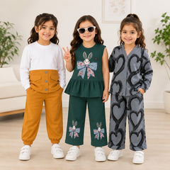 Bunny Print, Heart & Button Style Girls Co-Ord Set – Pack of Three