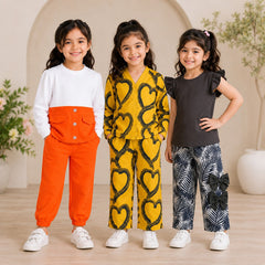 Heart Print, Bunny & Zebra Girls Co-Ord Set – Pack of Three