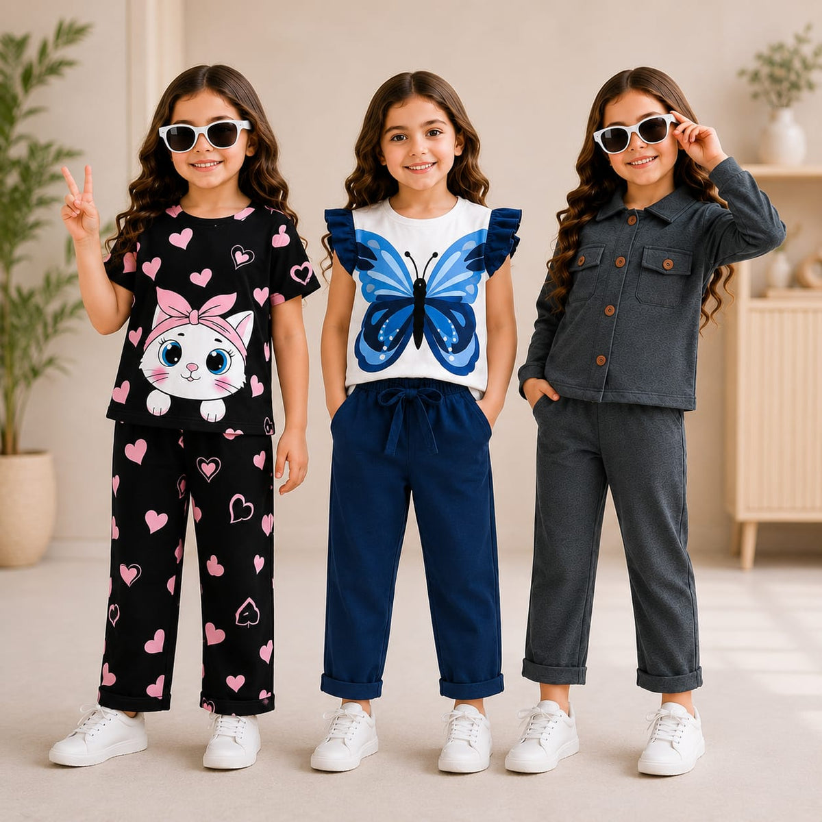 Kitty, Butterfly & Denim Style Girls Co-Ord Set – Pack of Three
