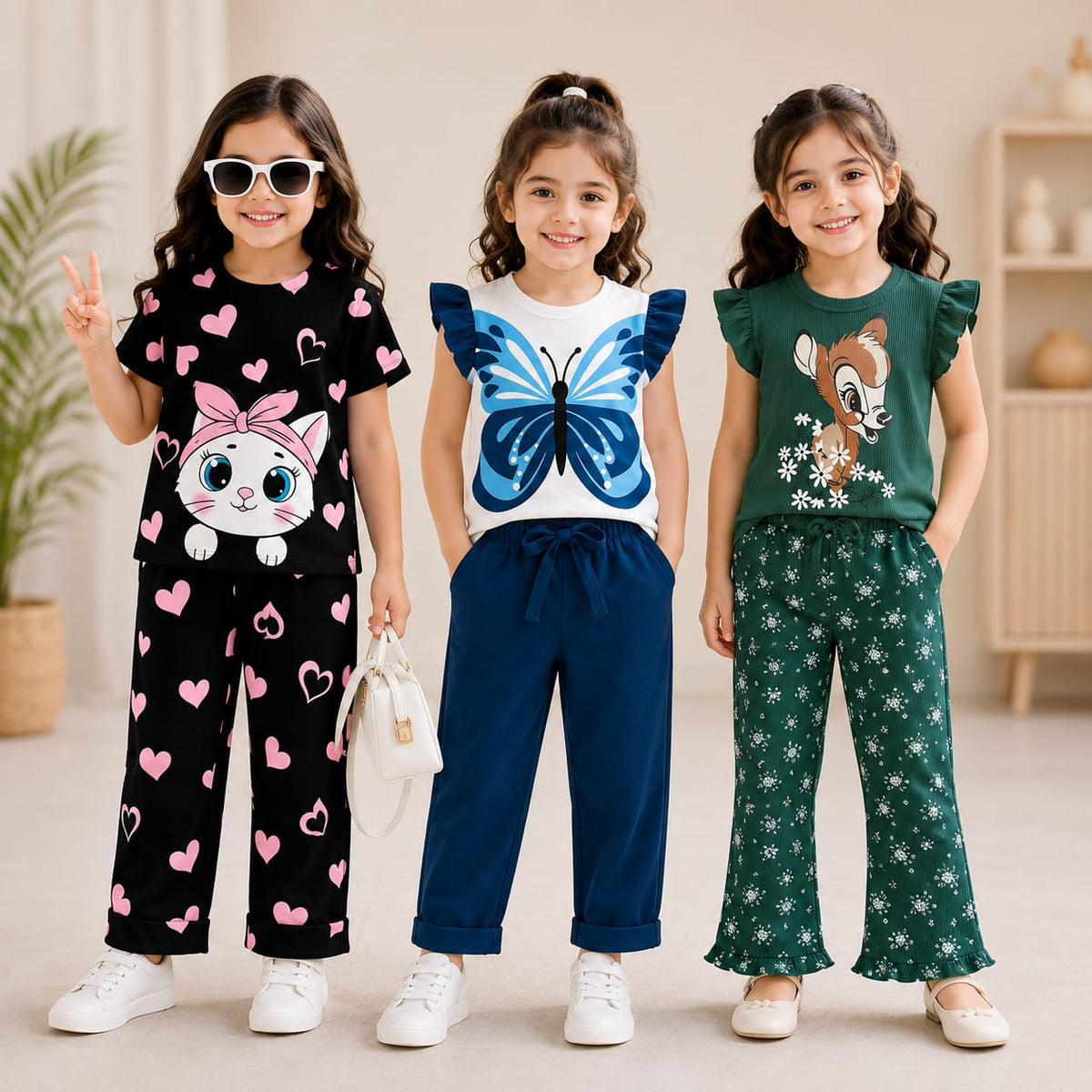 Kitty, Butterfly & Deer Print Girls Co-Ord Set – Pack of Three