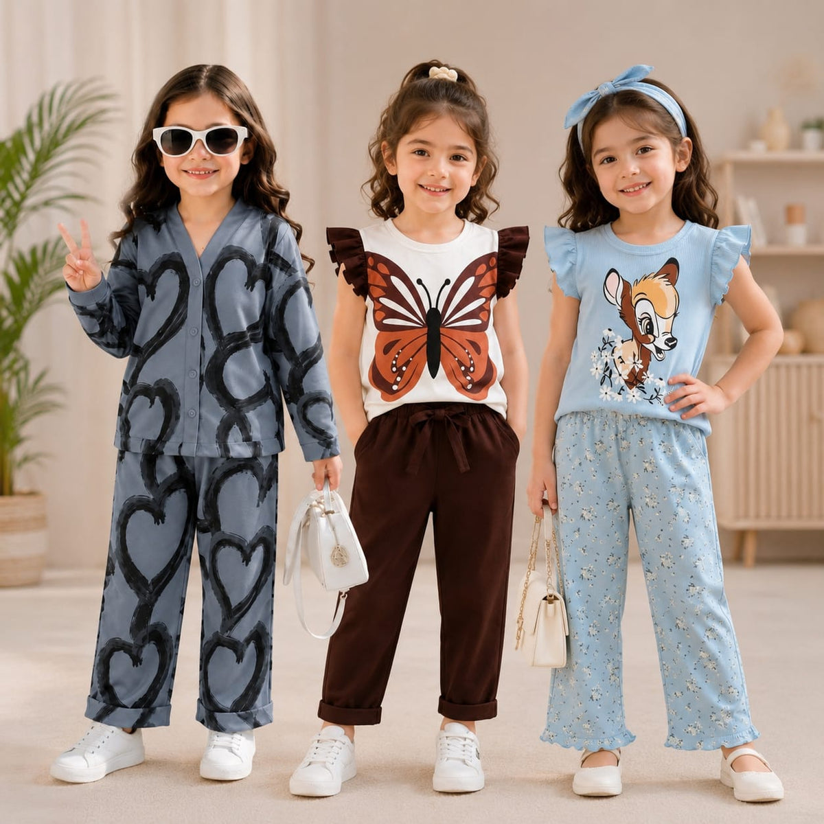 Heart, Butterfly & Deer Print Girls Co-Ord Set – Pack of Three