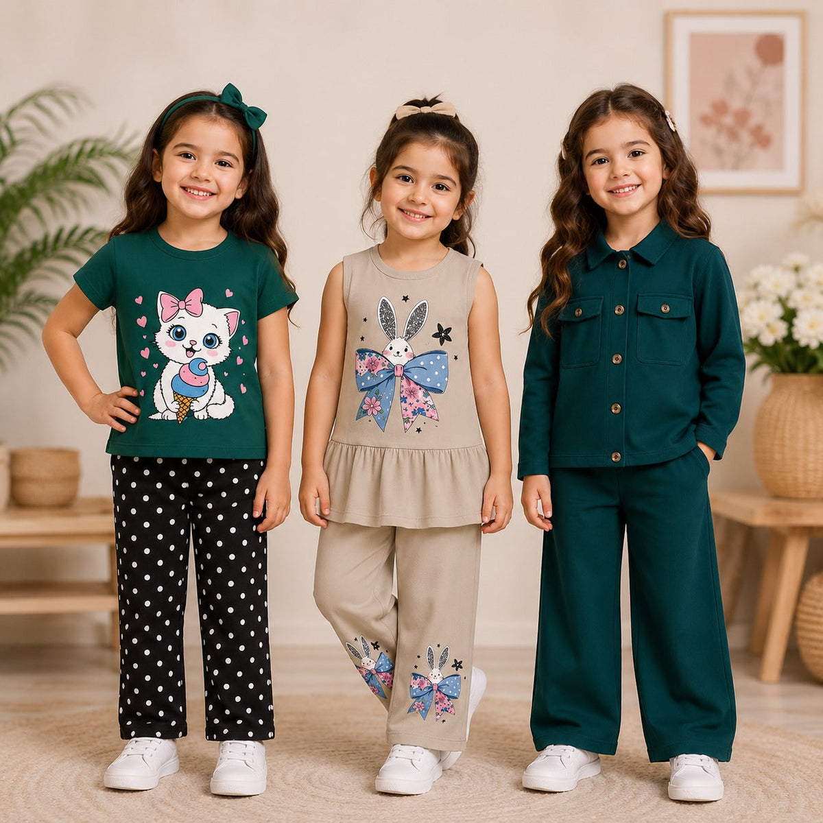 Kitty, Bunny & Button Style Girls Co-Ord Set – Pack of Three