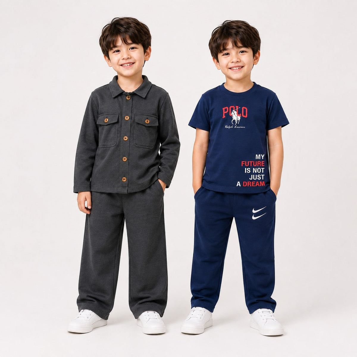 Charcoal Grey Button Front Jacket Set & Navy Polo Dream T-Shirt Co-Ord Set for Boys (Pack of 2)