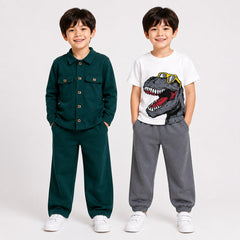 Dark Green Button Front Jacket Set & White Dinosaur Printed T-Shirt Co-Ord Set for Boys (Pack of 2)