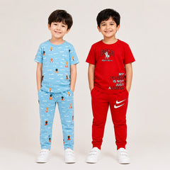 Sky Blue Balloon Printed T-Shirt & Red Polo Dream T-Shirt Co-Ord Set for Boys (Pack of 2)
