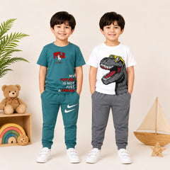 Teal Polo Dream T-Shirt & White Dinosaur Printed T-Shirt Co-Ord Set for Boys (Pack of 2)