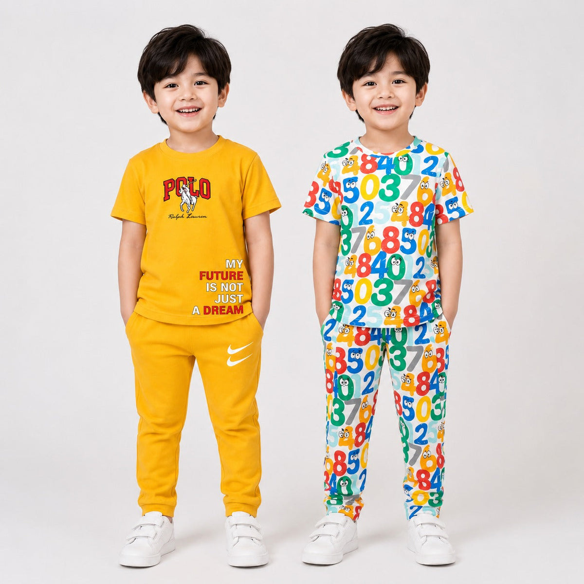 Yellow Polo Dream T-Shirt & Colorful Numbers Printed T-Shirt Co-Ord Set for Boys (Pack of 2)