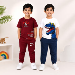 Maroon Polo Dream T-Shirt & Navy Dinosaur Printed T-Shirt Co-Ord Set for Boys (Pack of 2)