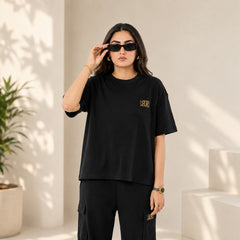 Unisex Drop-Shoulder T-Shirt – Black with Side Logo