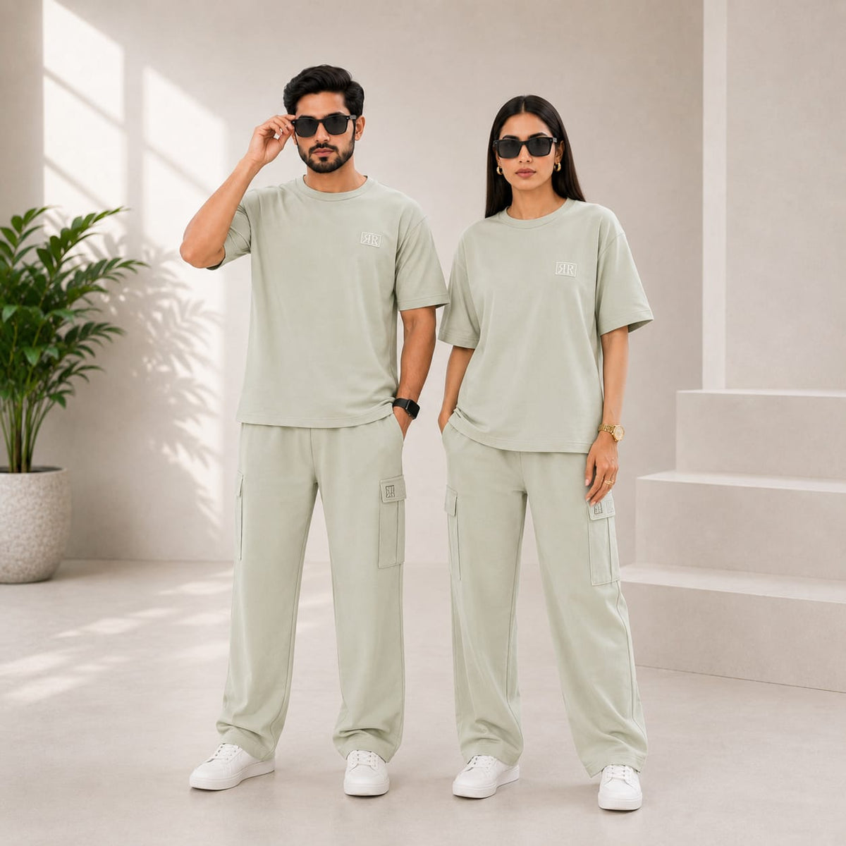 Unisex Drop-Shoulder T-Shirt – Sage Green with Side Logo