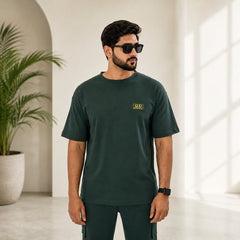Unisex Drop-Shoulder T-Shirt – Forest Green with Side Logo