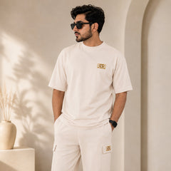 Unisex Drop-Shoulder T-Shirt – Oatmeal with Side Logo