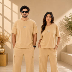 Unisex Drop-Shoulder T-Shirt – Desert Sand with Center Logo