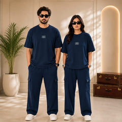 Unisex Drop-Shoulder T-Shirt – Midnight Blue with Center Logo